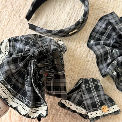 Accessori per Capelli Retrò Stile Coreano Quadri Nero Grigio Scrunchie Molletta Triangolo Cerchietto con Pizzo per Donna