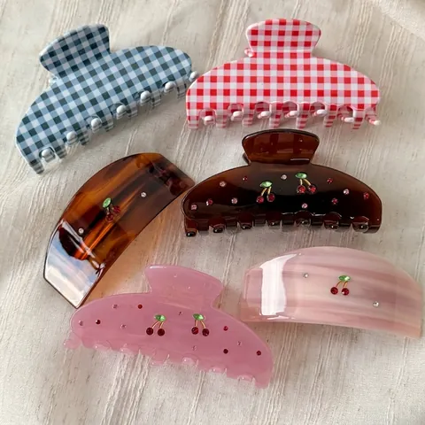 Eleganter Acetat Kirsche Haarklammer Für Damen Süße Strass Fruchtmuster Haifisch-Clip Karo-Gitter Haarnadeln Schmuck