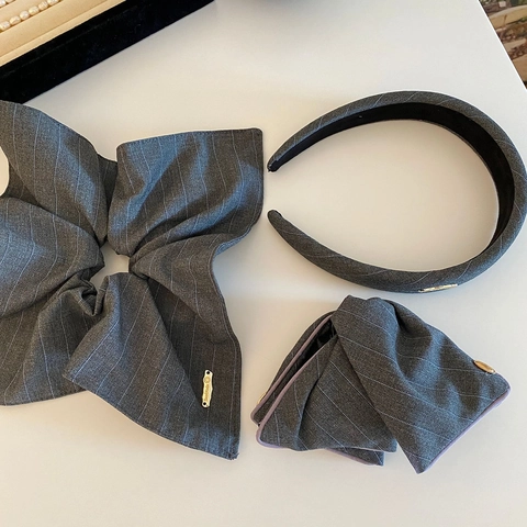 Accesorios para el Cabello de Tela de Traje a Rayas Grises Hechos a Mano para Mujer Elegante Lazo Coleteros Pinzas para el Cabello Diadema Decoración