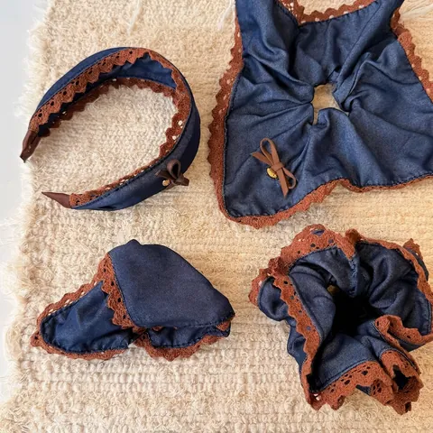 Set Accessori per Capelli Blu Denim in Stile Coreano per Donna Marrone Pizzo Fiocco Molletta Cerchietto Elastico Vintage Dolci Accessori Capelli