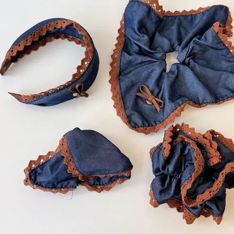 Set Accessori per Capelli Blu Denim in Stile Coreano per Donna Marrone Pizzo Fiocco Molletta Cerchietto Elastico Vintage Dolci Accessori Capelli