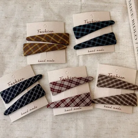 Vintage Plaid Fabric Hair Clips Korean Sweet Checkered BB Snap Clips Handmade Autumn Winter Fringe Clips For Women Daily Hair Accessories
