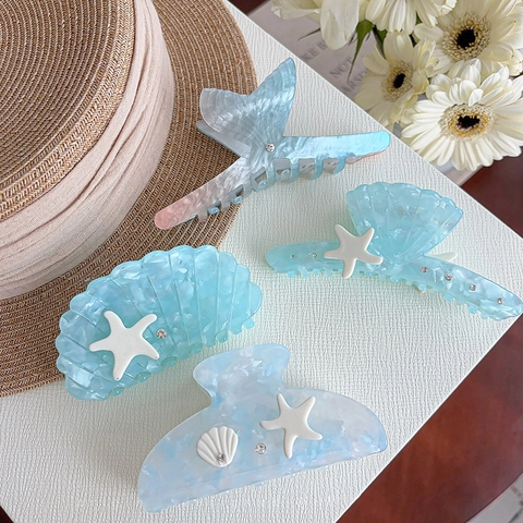 Pinza de Pelo de Acetato Tema Océano Degradado Concha Estrella de Mar Cola de Pez Accesorios para Mujer Verano Playa