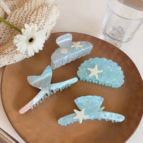 Pinza de Pelo de Acetato Tema Océano Degradado Concha Estrella de Mar Cola de Pez Accesorios para Mujer Verano Playa