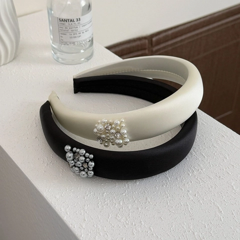 Diadema Acolchada de Satén Estilo Francés Elegante Perla Artificial de Imitación Diamante de Imitación Banda Para Cabello Mujeres