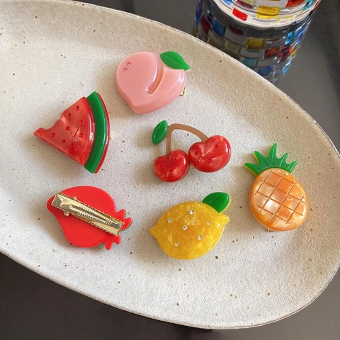 Barrettes à Cheveux Fruits Mignons en Acétate Pastèque Fraise Citron Pinces Bec de Canard Strass Accessoires Cheveux Femme Fille Style Coréen