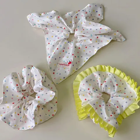 Korean Sweet Rainbow Polka Dot Fabric Square Scarf And Ruffled Scrunchie Hair Tie For Women Girls Daily Fashion Styling
