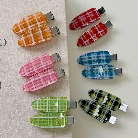 Sweet Candy Color Plaid Hair Clips Acrylic Grid Glitter Duckbill Pins Korean Style Side Hair Accessories For Women Girls Styling