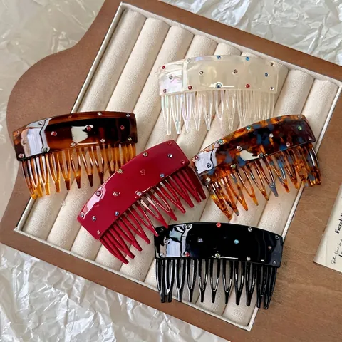 Vintage Acetate Hair Comb Fork Colorful Rhinestone Inlaid Handmade Korean Hair Accessory For Women Styling Decorative