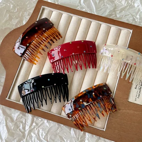 Vintage Acetate Hair Comb Fork Colorful Rhinestone Inlaid Handmade Korean Hair Accessory For Women Styling Decorative