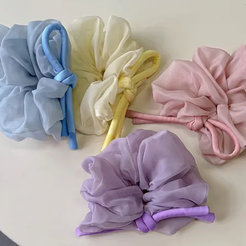 Scrunchie Grande in Organza Elastico per Capelli Plissettato Con Fiocco Dolce Stile Coreano in Tessuto di Raso per Donna