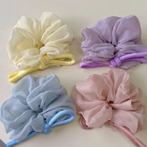 Scrunchie Grande in Organza Elastico per Capelli Plissettato Con Fiocco Dolce Stile Coreano in Tessuto di Raso per Donna