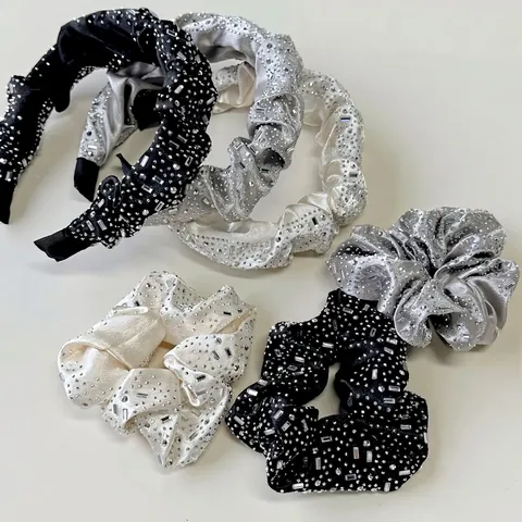 Koreanischer Luxus Strass Satin Samt Haargummi Gerafftes Haarband Eleganter Plissierter Stirnband Für Damen Glänzende Haarschmuck