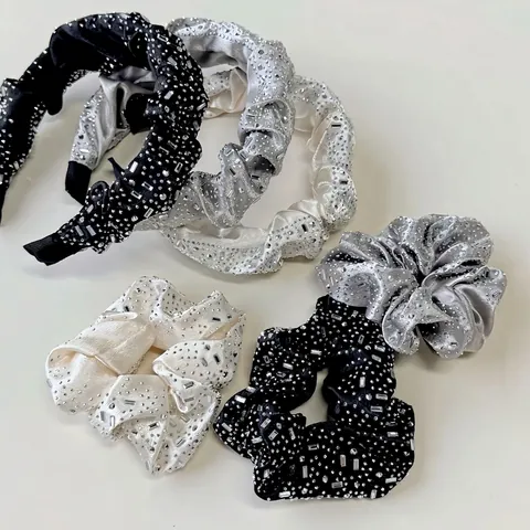 Koreanischer Luxus Strass Satin Samt Haargummi Gerafftes Haarband Eleganter Plissierter Stirnband Für Damen Glänzende Haarschmuck