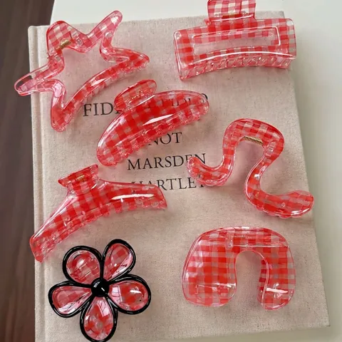 Molletta per Capelli a Scacchi Rossi e Bianchi Grande Clip a Squalo in Resina Trasparente Accessori per Capelli Donna