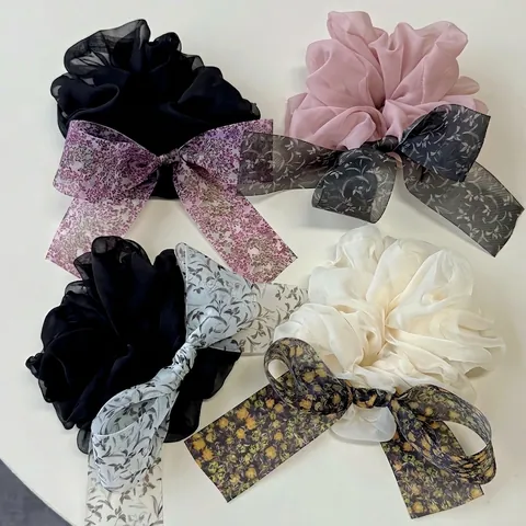 Vintage Floral Bow Organza Scrunchie Large Hair Tie Ribbon Ponytail Holder For Women Sweet Korean Style Hair Accessories