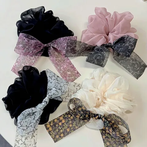 Vintage Floral Bow Organza Scrunchie Large Hair Tie Ribbon Ponytail Holder For Women Sweet Korean Style Hair Accessories