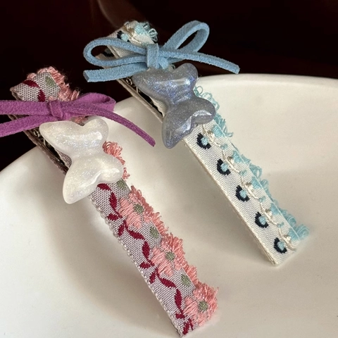 Handgefertigte Vintage Schmetterling Band Stoff Haarspange Süße Bestickte Entenschnabelklemme Glitzer Blumen Haarnadel Für Damen Schmuck