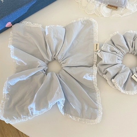 Chouchou à Cheveux avec Bordure en Dentelle Bleu Clair Style Coréen Tissu Fait à la Main Grand Élastique Femme Fille Accessoires Cheveux
