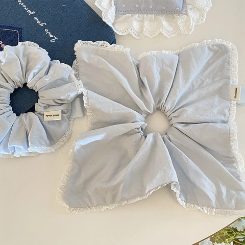 Chouchou à Cheveux avec Bordure en Dentelle Bleu Clair Style Coréen Tissu Fait à la Main Grand Élastique Femme Fille Accessoires Cheveux