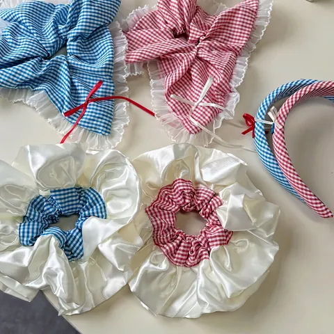 Zoete Ruitjes Stof Scrunchies Kantafwerking Strik Hoofdband Voor Dames Verse Gingham Haarbanden Ponytail Holder Haaraccessoires