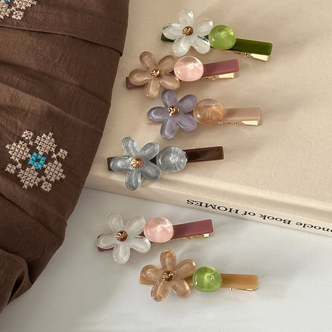 Fermaglio per Capelli con Fiore in Resina Vintage con Strass Elegante Stile Coreano Becco d'Anatra per Donna Ragazza Accessori
