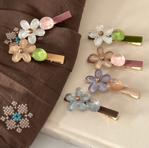 Fermaglio per Capelli con Fiore in Resina Vintage con Strass Elegante Stile Coreano Becco d'Anatra per Donna Ragazza Accessori