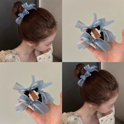 Scrunchie Dolce Coreano con Fiocco Elegante Legaccio per Capelli in Organza e Pizzo Supporto per Coda di Cavallo per Donna