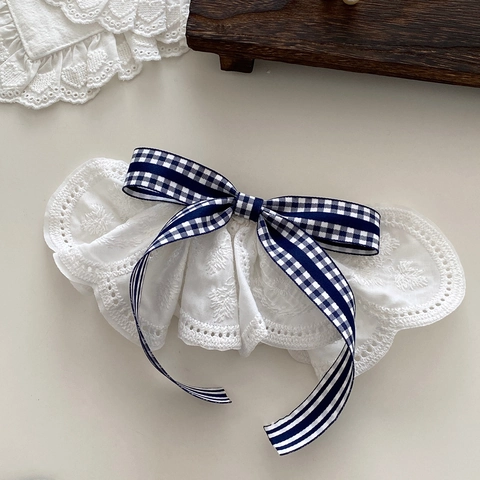 Molletta per Capelli Fiocco in Pizzo Stile Preppy Plaid Blu Navy Bianco Clip a Molla Elegante Fatta a Mano Fermaglio per Capelli Donna