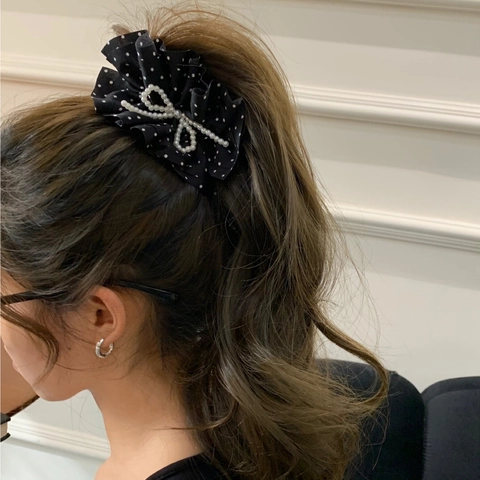 Fermaglio a Banana Retrò a Pois con Fiori Plissettati per Donna Stile Francese Fiocco Perla Artificiale Accessorio Capelli