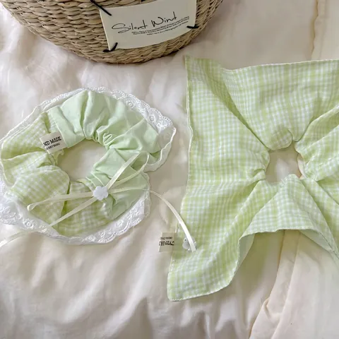 Women Fresh Green Gingham Scrunchie Matching Plaid Bandana Set Handmade Lace Bow Hair Tie Sweet Korean Style Hair Accessories