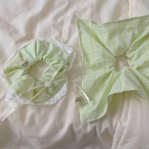 Women Fresh Green Gingham Scrunchie Matching Plaid Bandana Set Handmade Lace Bow Hair Tie Sweet Korean Style Hair Accessories