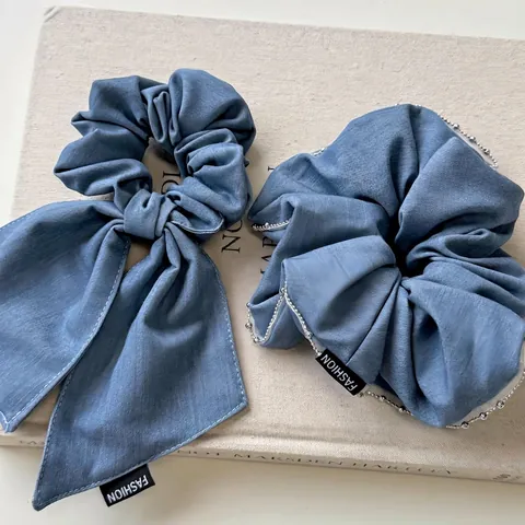 Scrunchies per Capelli Coreani Vintage Effetto Denim Con Fiocco Elegante Blu Elastici per Capelli Donna Accessori Capelli
