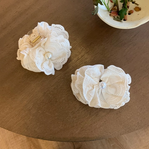 Molletta per Capelli in Pizzo Coreano con Fiore e Perla Artificiale Fiocco per Donna Dolce Elegante Clip a Banana Fatta a Mano