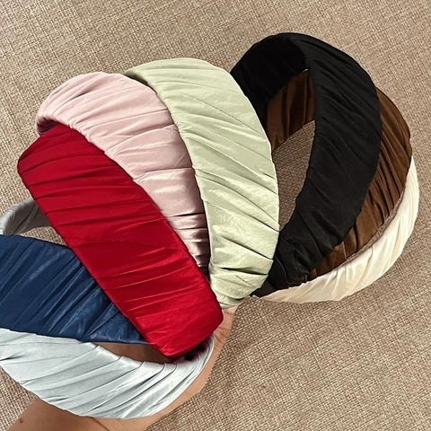 Diadema Ancha de Satén Plisado Color Sólido Diseño de Techo Alto Aro de Pelo Elegante Dulce Estilo Francés Accesorios de Pelo Mujer