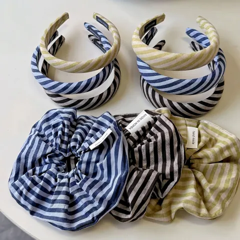 Serre-Tête en Tissu à Rayures Minimaliste Coréen Ensemble de Chouchous à Rayures pour Femmes Accessoires de Cheveux Quotidiens