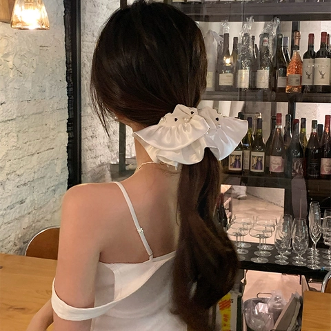 Französisch Elegante Satin Herz Druck Perle Große Scrunchie Für Damen Retro Übergroße Haargummi Süße Elastische Haarbänder Schmuck