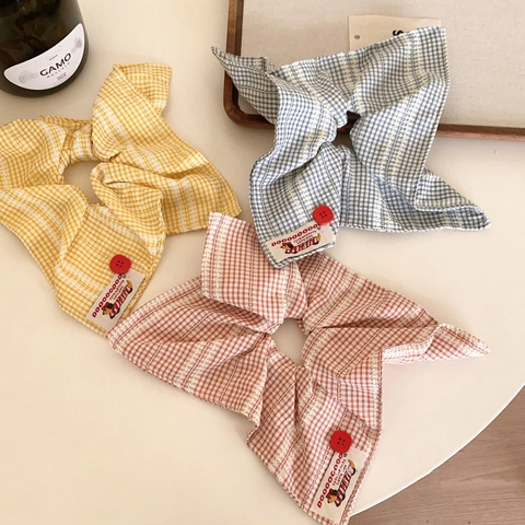Scrunchie per Capelli Vintage con Bottone in Gingham Elastico in Tessuto Plaid per Donna Stile Coreano Accessori Capelli