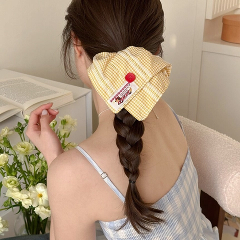 Scrunchie per Capelli Vintage con Bottone in Gingham Elastico in Tessuto Plaid per Donna Stile Coreano Accessori Capelli