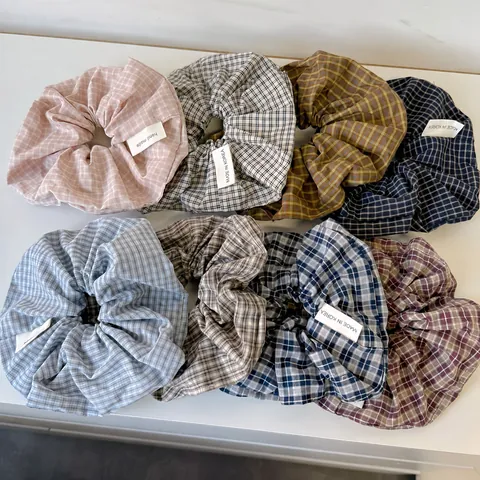 Vintage Korean Style Checkered Fabric Scrunchies For Women Handmade Elastic Hair Ties Casual Lazy Style Plaid Ponytail Holders Hair Accessories