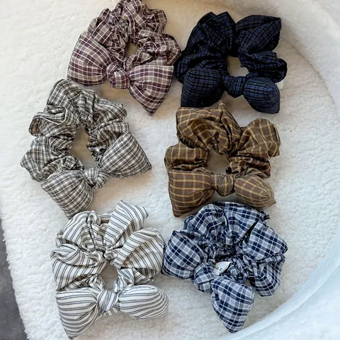 Retro Plaid 3D Sponge Bow Scrunchie For Women Korean Style Preppy Fabric Hair Tie Vintage Pattern Elastic Hair Band