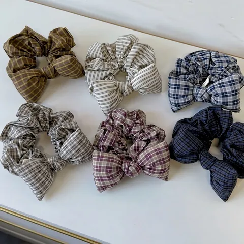 Retro Plaid 3D Sponge Bow Scrunchie For Women Korean Style Preppy Fabric Hair Tie Vintage Pattern Elastic Hair Band