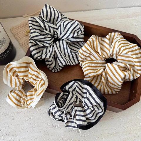 Scrunchies a Righe Vintage Elastici per Capelli Plissettati Retro con Bordo in Raso a Contrasto Fasce in Tessuto per Donna