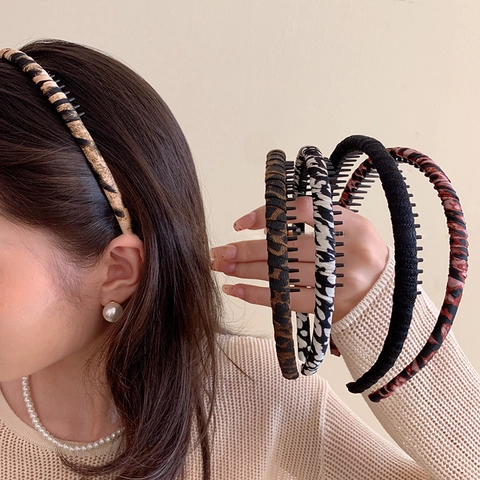 Diadema Antideslizante Con Estampado De Leopardo Con Dientes De Tela Envuelto En Plástico Para Mujer Lavado De Cara Accesorios Para El Cabello Diario
