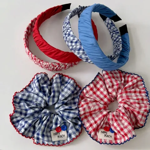 Retro Koreaanse Stijl Rood Blauw Gingham Haargummi En Geplooide Stof Haarklem Set Zoete Preppy Haaraccessoires