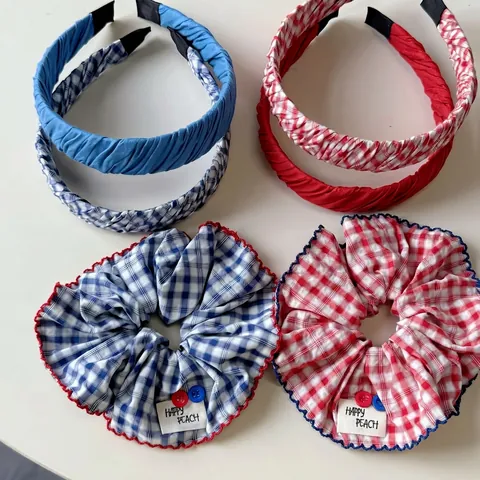 Retro Koreaanse Stijl Rood Blauw Gingham Haargummi En Geplooide Stof Haarklem Set Zoete Preppy Haaraccessoires