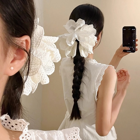 Pinza para el Cabello de Flor de Encaje Blanco y Perla Artificial Clip de Tiburón Floral 3D Grande Vintage para Mujer