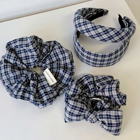 Ensemble d'Accessoires Cheveux Vintage à Carreaux Bleus Avec Chouchous en Tissu et Serre-têtes Rembourrés Larges pour Femmes Style Coréen