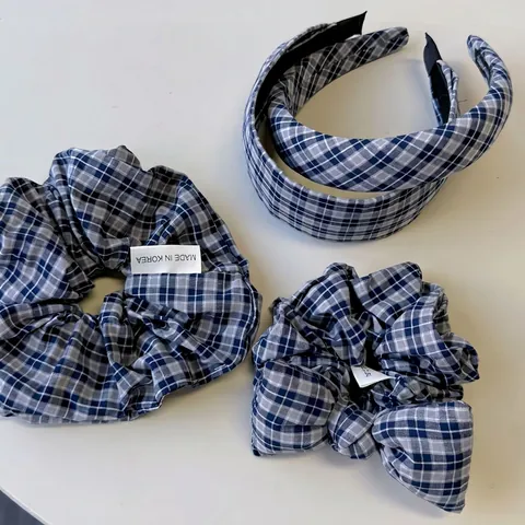 Ensemble d'Accessoires Cheveux Vintage à Carreaux Bleus Avec Chouchous en Tissu et Serre-têtes Rembourrés Larges pour Femmes Style Coréen