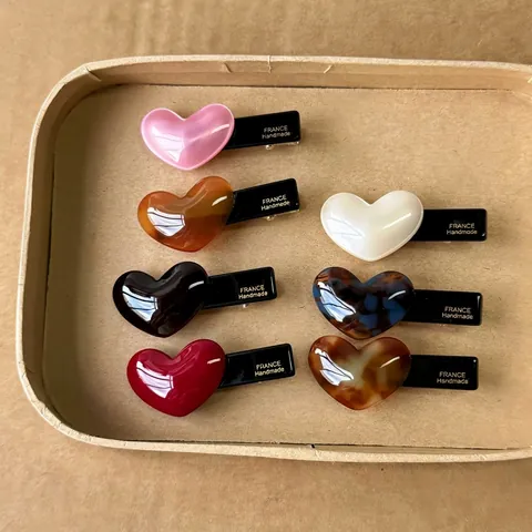 Pinza para el Pelo de Acetato Vintage con Forma de Corazón y Etiqueta Dorada Pinza de Pico de Pato Coreana Dulce Hecha a Mano para Mujer
